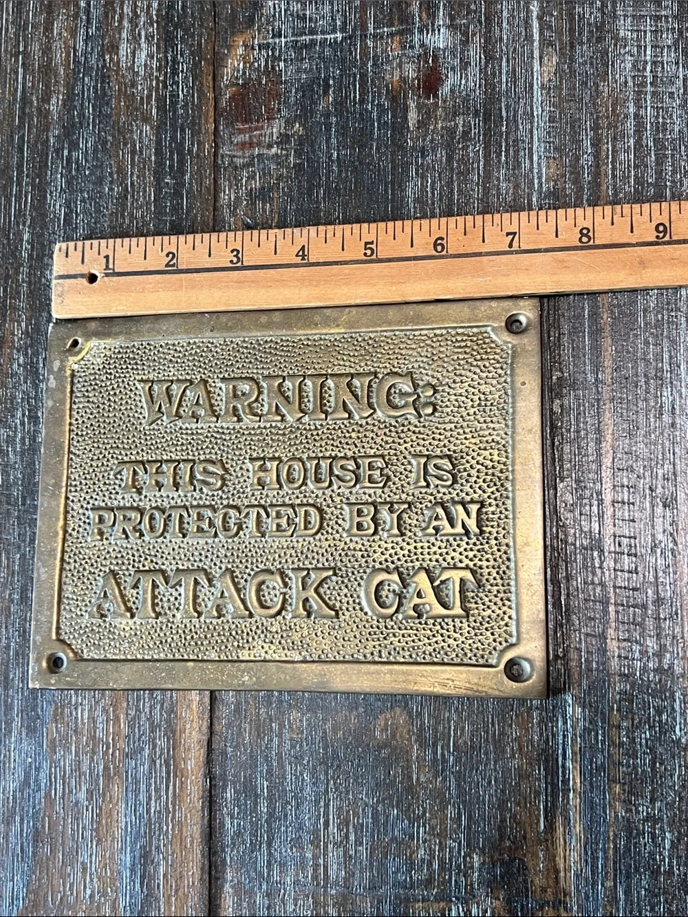 Brass 'Attack Cat' Warning Plaque for Cat Lovers. Very Heavy